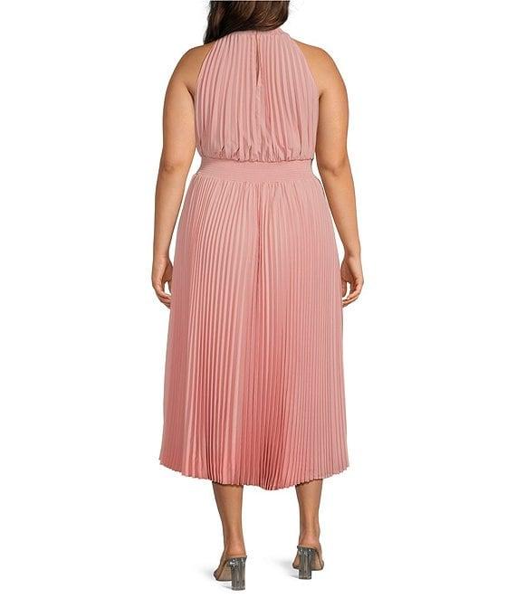 Marina Plus Size Halter Mock Neck Smocked Pleated Crepe Chiffon A-Line Midi Dress Product Image