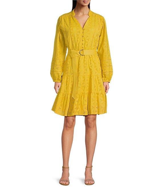 Terani Couture V-Neck Long Sleeve Button Front Eyelet Shift Dress Product Image