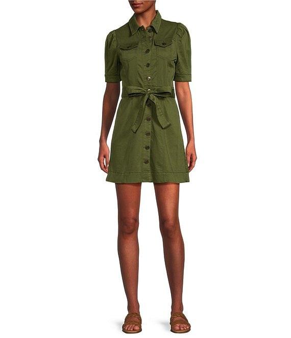 Chelsea & Violet Short Puff Sleeve Button Front Washed Canvas Belted Mini Dress Product Image