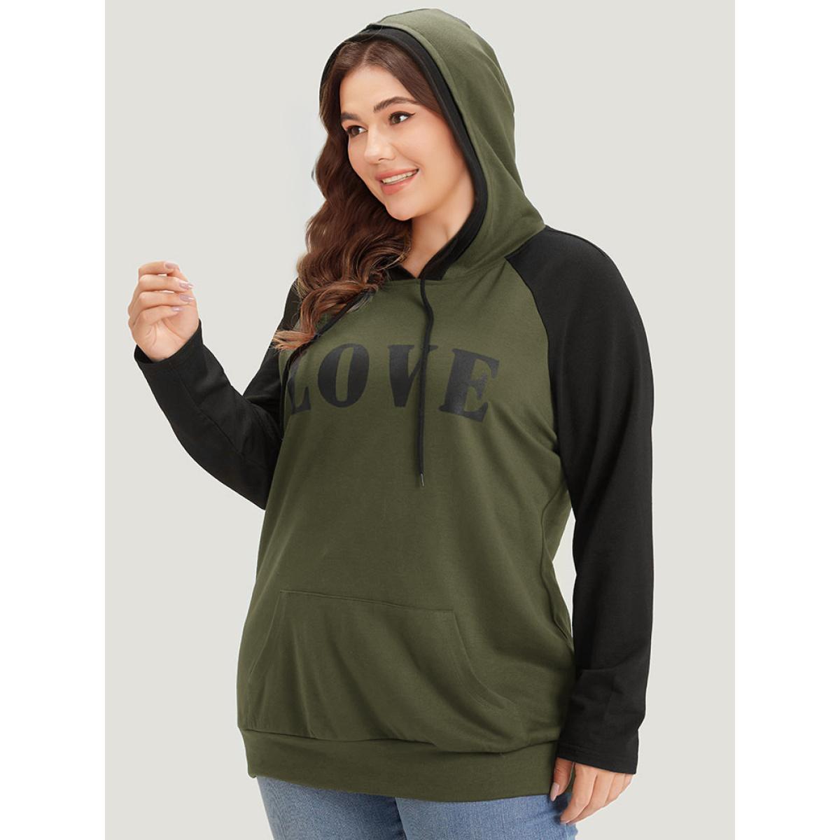 Plus Size Letter Print Contrast Hooded Pocket Drawstring Sweatshirt Women ArmyGreen Casual Elastic cuffs Dailywear Sweatshirts BloomChic 30/6X Product Image