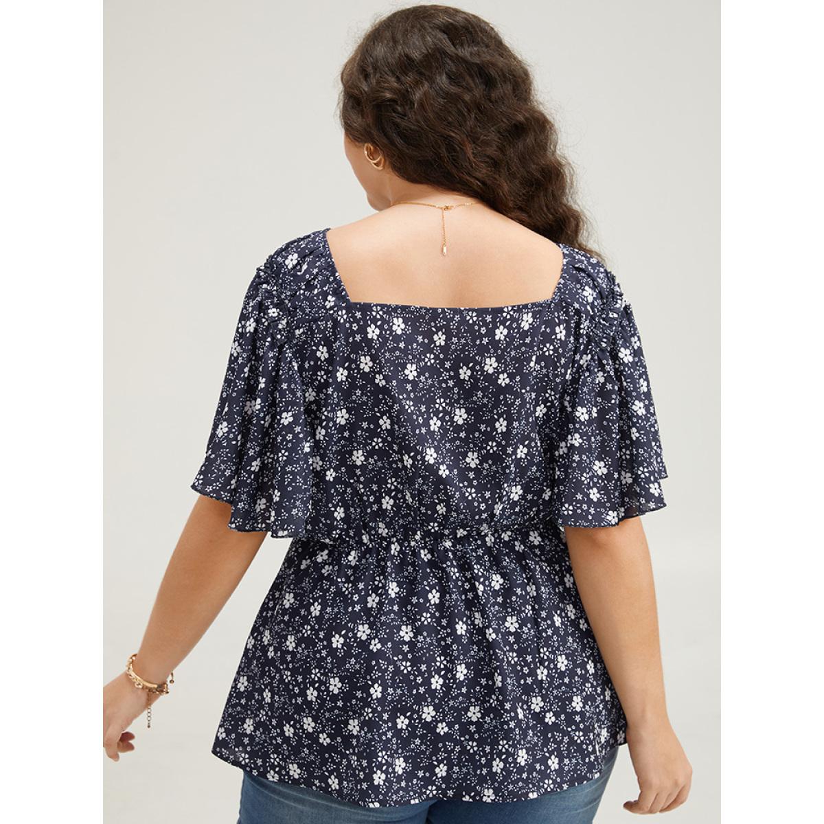 Plus Size Indigo Ditsy Floral Flutter Sleeve Ruched Blouse Women Elegant Short sleeve V-neck Dailywear Blouses BloomChic 26/4X Product Image