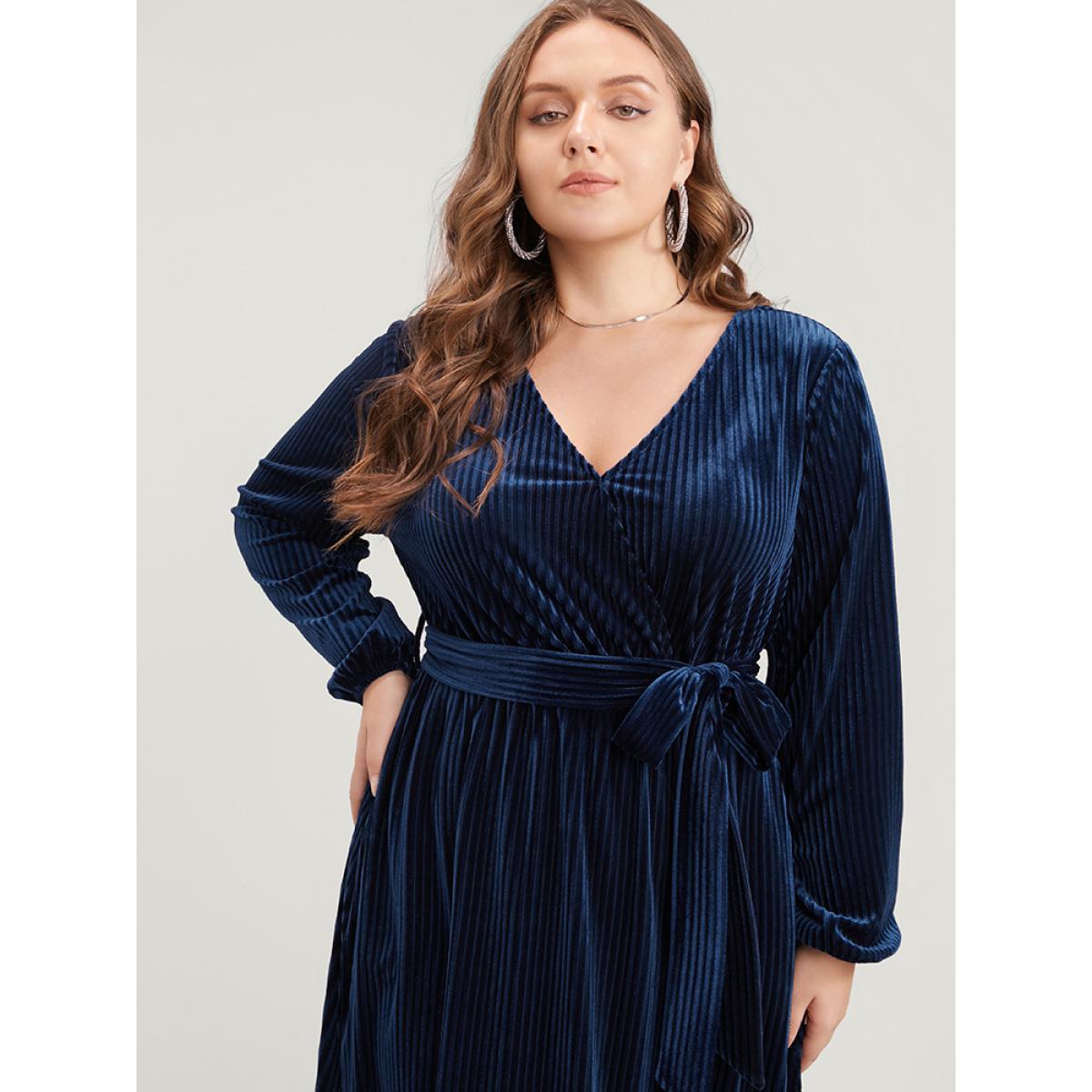 Plus Size Striped Velvet Pocket Lantern Sleeve Belted Wrap Dress DarkBlue Women Glamour Pocket V-neck Long Sleeve Curvy Midi Dress BloomChic 22-24/3X Product Image
