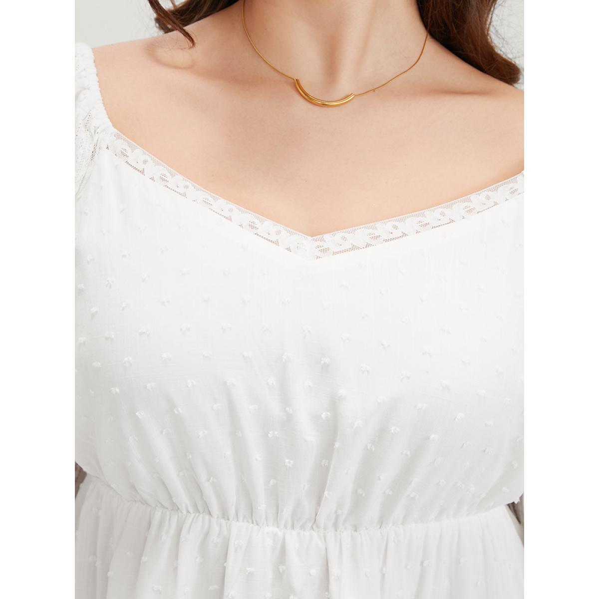 Plus Size WhiteSmoke Solid Lace Patchwork Lantern Sleeve Blouse Women Elegant Long Sleeve V-neck Dailywear Blouses BloomChic 10/M Product Image