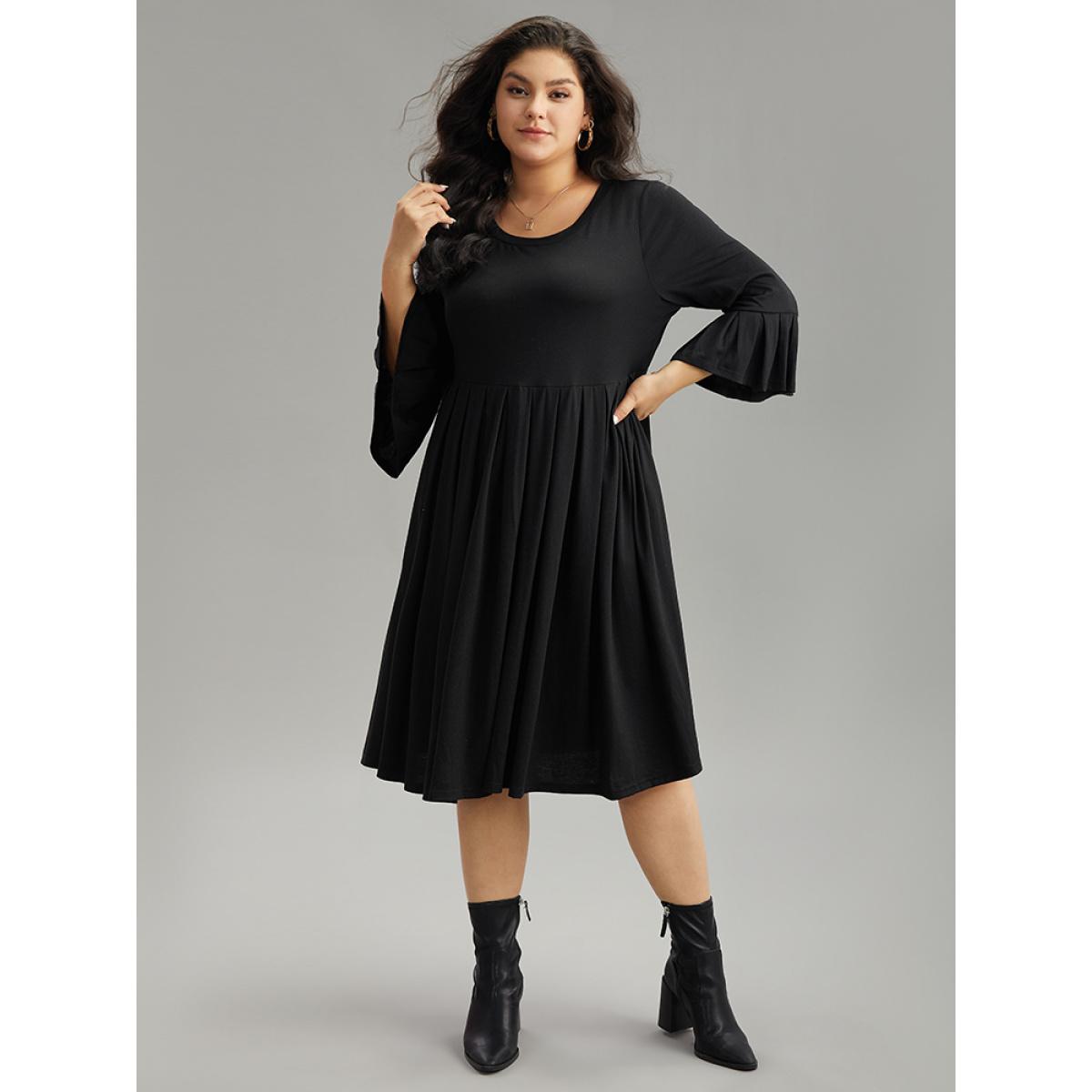 Plus Size Supersoft Essentials Solid Ruffles Pleated Dress Black Women Casual Pleated Round Neck Elbow-length sleeve Curvy Midi Dress BloomChic 28/5X Product Image