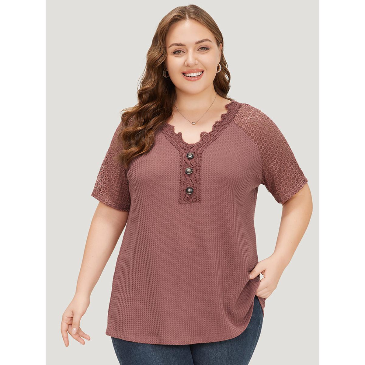 Plus Size Plain Contrast Lace Raglan Sleeve Button Detail T-shirt DustyPink Women Elegant Lace Plain V-neck Dailywear T-shirts BloomChic 10/M Product Image