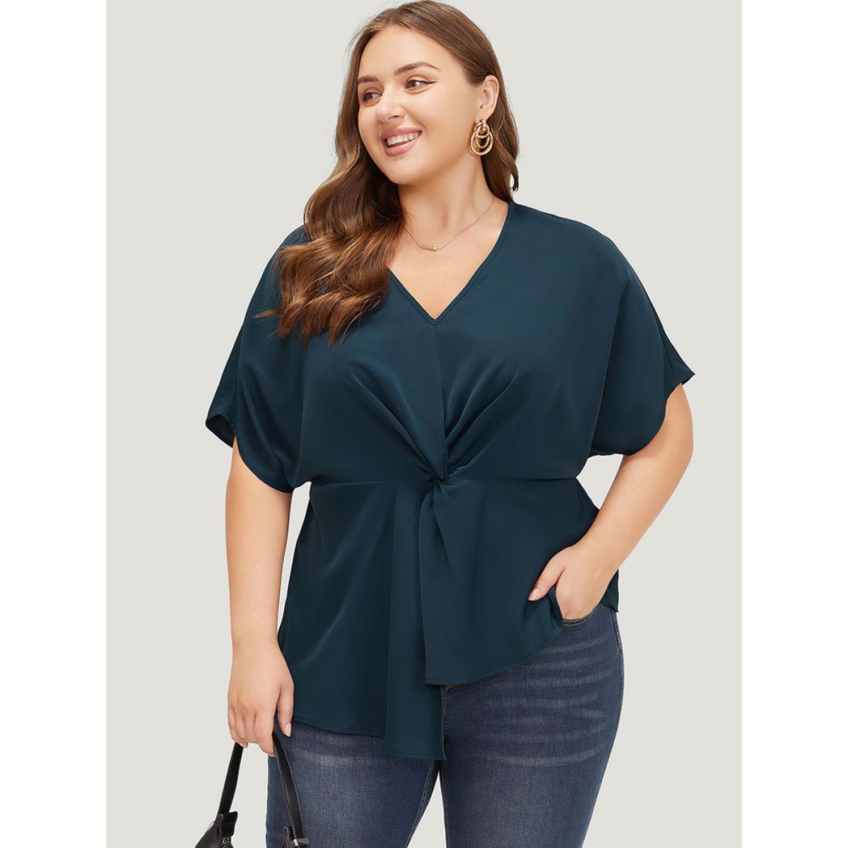 Plus Size Indigo Plain Twist Front Dolman Sleeve Asymmetrical Hem Blouse Women Office Short sleeve V-neck Dailywear Blouses BloomChic 26/4X Product Image
