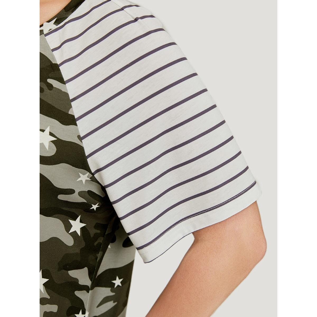 Plus Size Camo & Striped Print Raglan Sleeve T-shirt Multicolor Women Casual Contrast Camo Round Neck Dailywear T-shirts BloomChic 28/5X Product Image