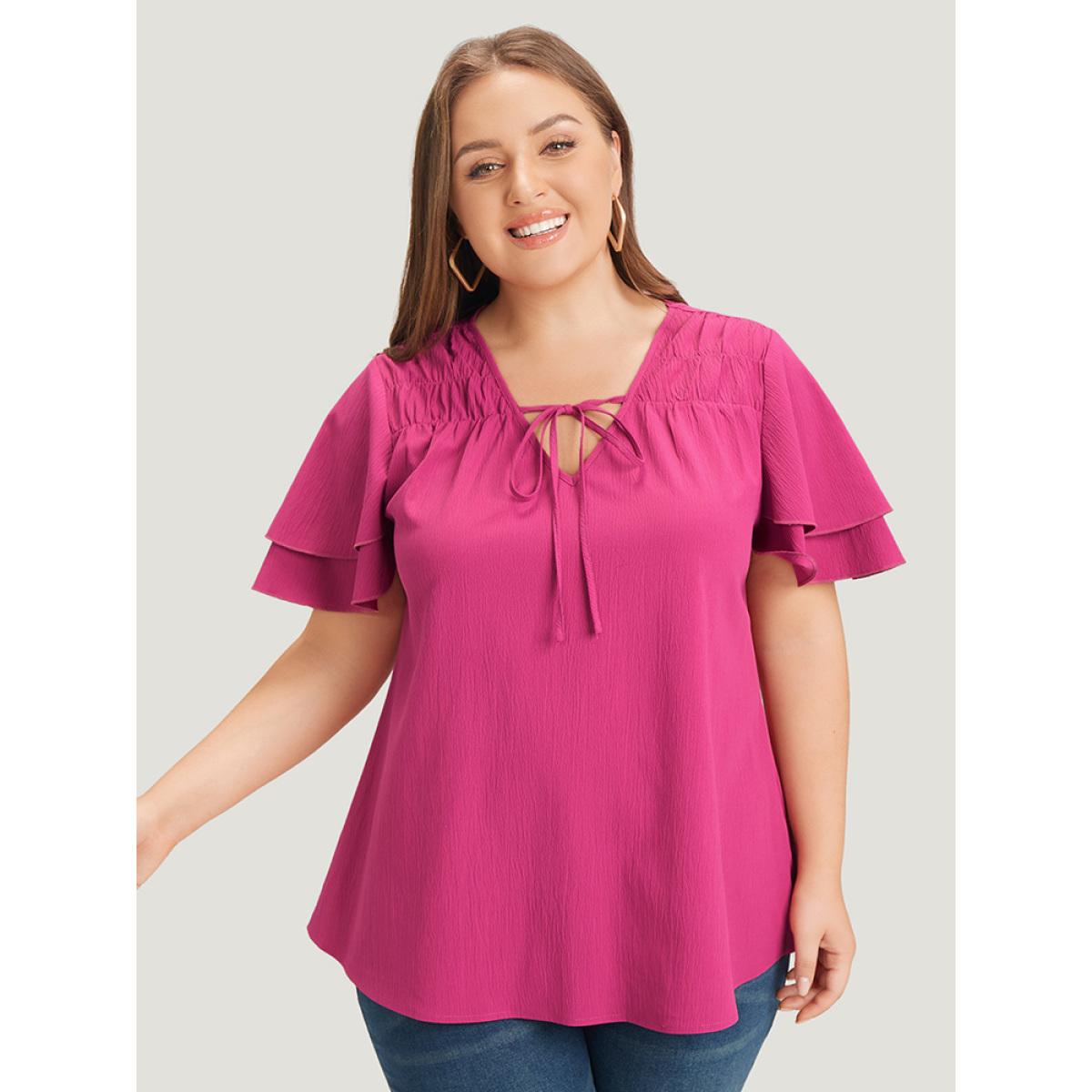 Plus Size RedViolet Solid Tie Neck Shirred Flutter Layered Sleeve Blouse Women Elegant Short sleeve Tie Neck Dailywear Blouses BloomChic 30/6X Product Image