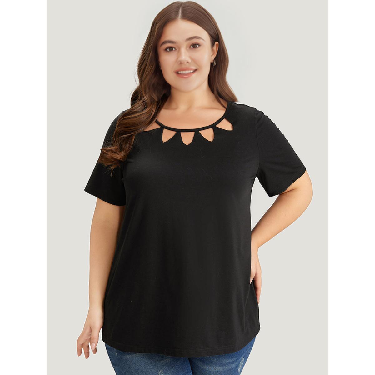 Plus Size Supersoft Essentials Solid Crew Neck Cut Out T-shirt Black Women Casual Cut-Out Plain Round Neck Dailywear T-shirts BloomChic 26/4X Product Image