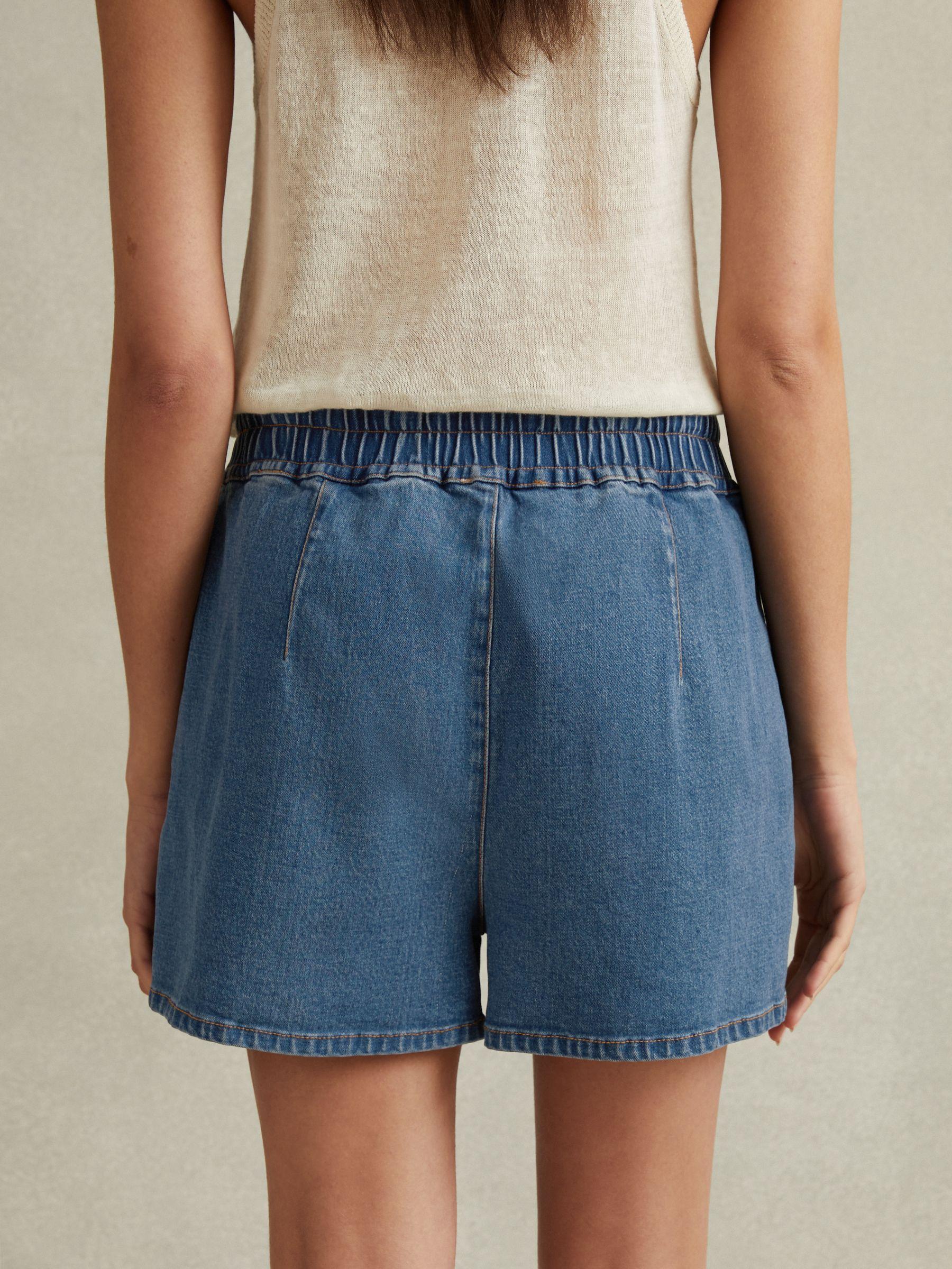 Lyocell Blend Denim Drawstring Shorts in Mid Blue Product Image