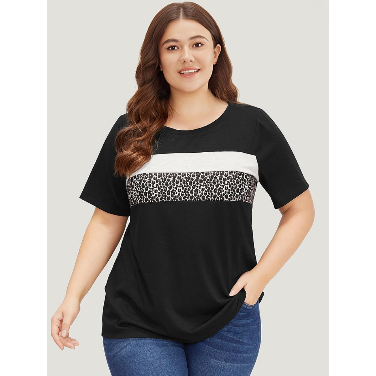 Plus Size Supersoft Essentials Leopard Colorblock Contrast Round Neck T-shirt Multicolor Women Casual Leopard Round Neck Dailywear T-shirts BloomChic 22-24/3X Product Image