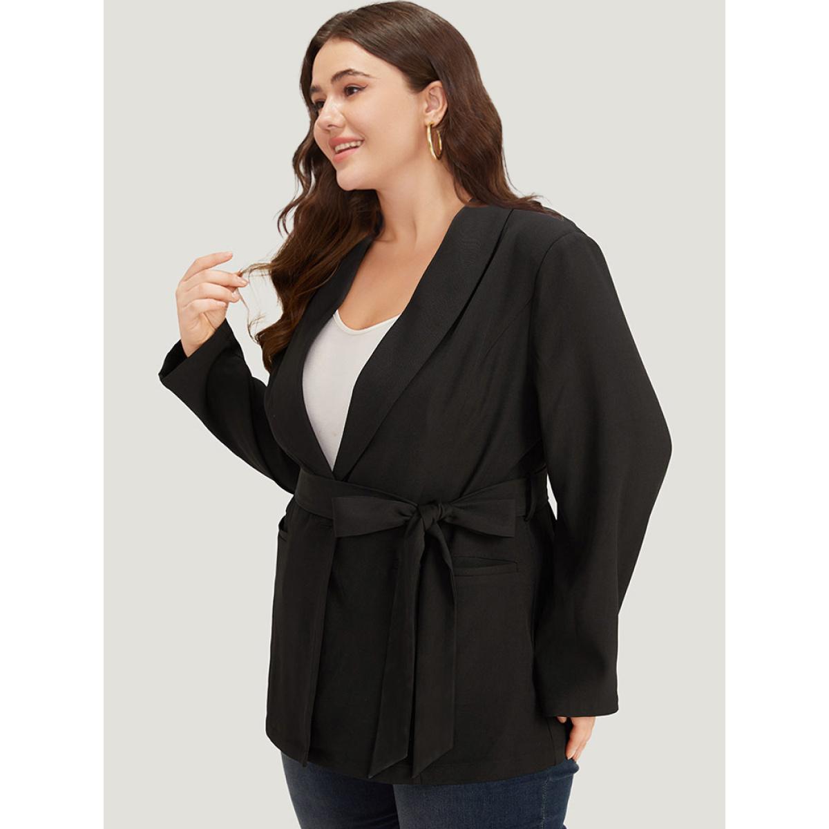 Plus Size Plain Ties Pocket Belted Lapel Collar Blazer Black Women Office Plain Plain Sleeve Long Sleeve Lapel Collar 26/4X Pocket Belt Workwear Essentials Blazers BloomChic Product Image