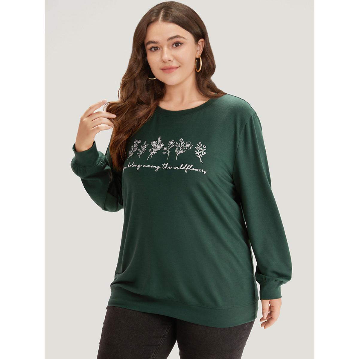 Plus Size Floral Print Elastic Cuffs Round Neck Sweatshirt Women Cyan Casual Elastic cuffs Dailywear Sweatshirts BloomChic 22-24/3X Product Image