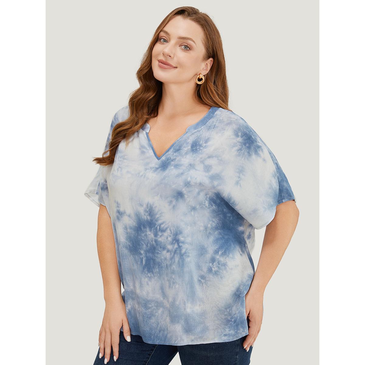 Plus Size Stone Tie Dye Notched Dolman Sleeve Blouse Women Vacation Short sleeve Notched collar Dailywear Blouses BloomChic 12/L Product Image