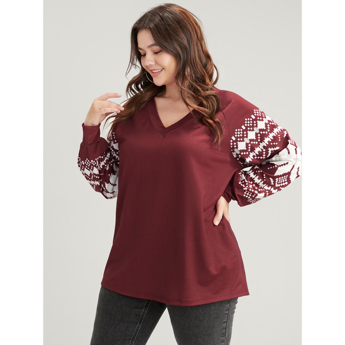 Plus Size Snowflake Print V Neck Drop Shoulder Sweatshirt Women Scarlet Casual Contrast V-neck Festival-Christmas Sweatshirts BloomChic 12/L Product Image
