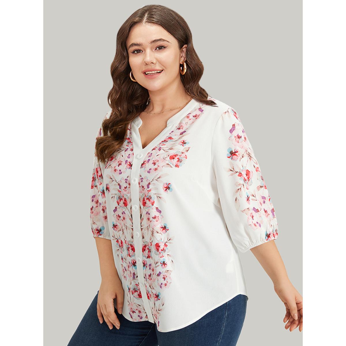 Plus Size White Floral Print Button Detail Notched Lantern Sleeve Blouse Women Elegant Half Sleeve Notched collar Dailywear Blouses BloomChic 22-24/3X Product Image