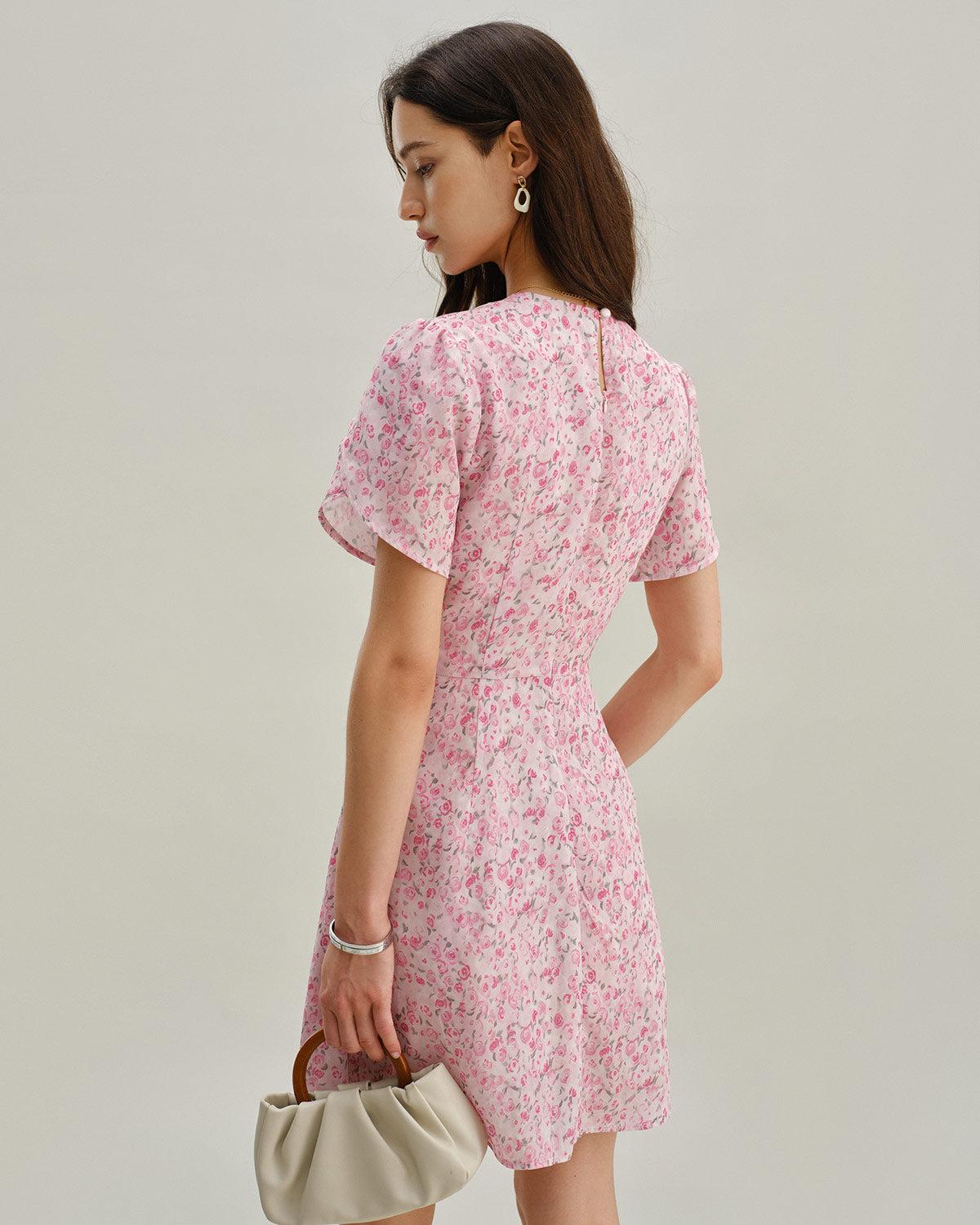 Pink Floral Round Neck Pleated Mini Dress Product Image