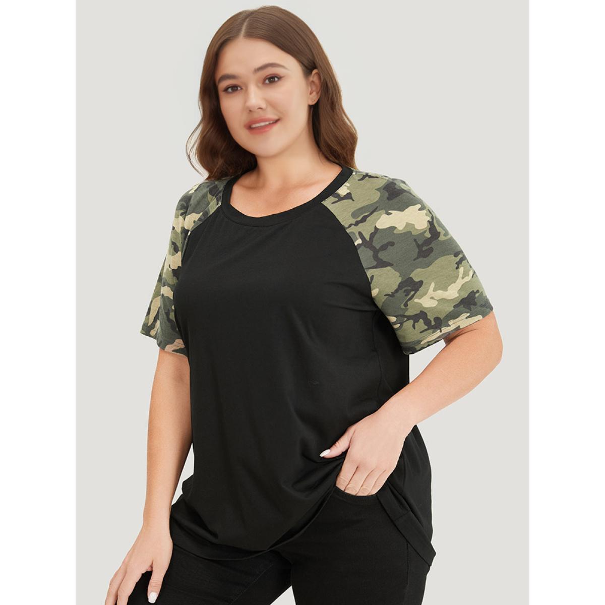 Plus Size Camo Raglan Sleeve Round Neck T-shirt Black Women Casual Contrast Camo Round Neck Dailywear T-shirts BloomChic 14-16/1X Product Image