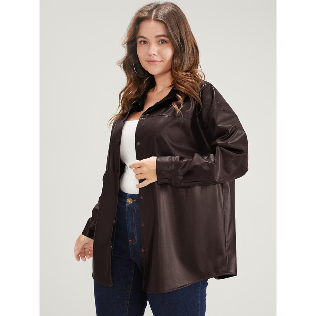 Plus Size PU Leather Pocket Button Up Coat Women DarkBrown Casual Button Ladies Dailywear Winter Coats BloomChic 14-16/1X Product Image
