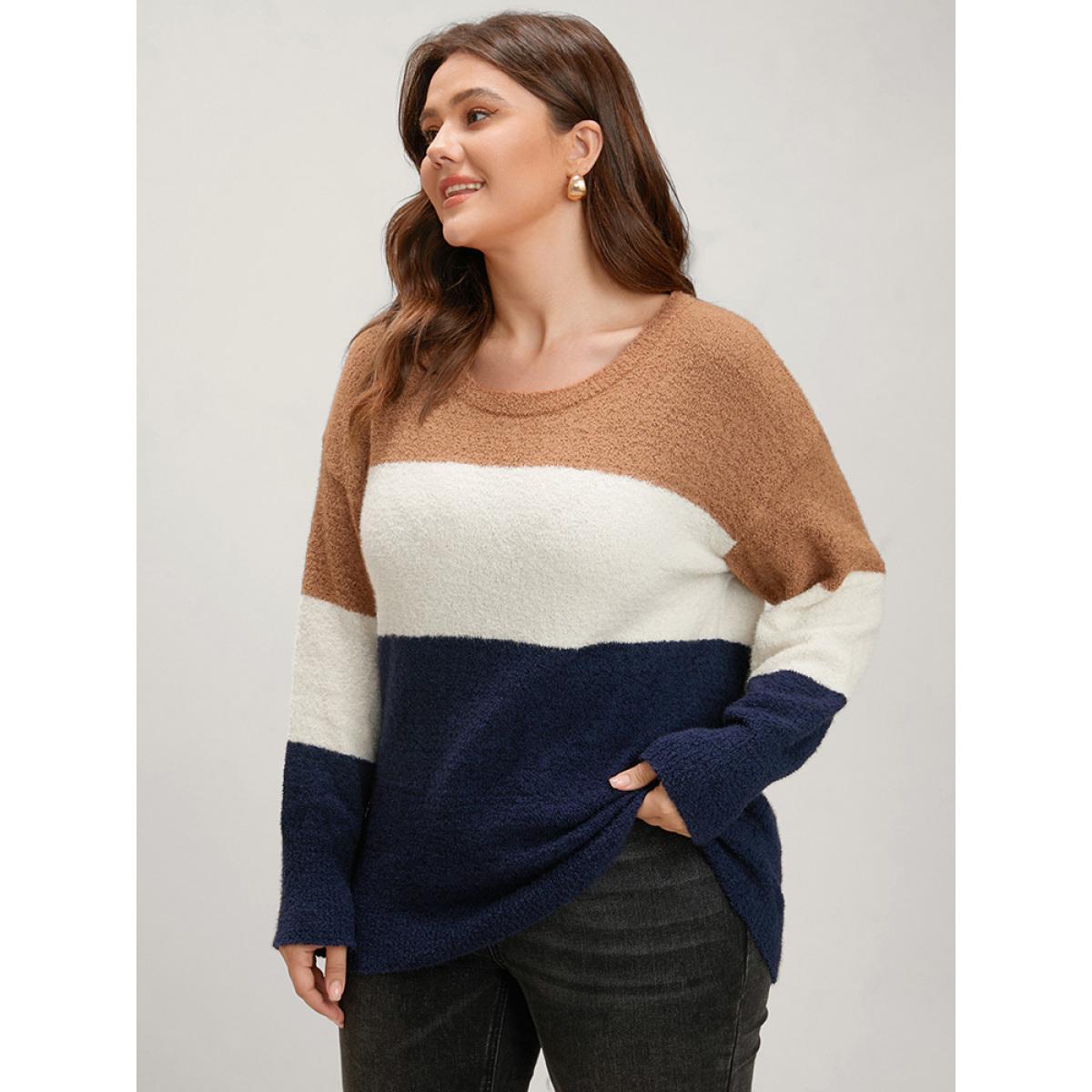 Plus Size Colorblock Contrast Super Soft Knit Round Neck Knit Top Multicolor Women Casual Loose Long Sleeve Dailywear Pullovers BloomChic 12/L Product Image