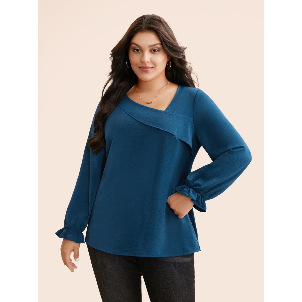 Plus Size Aegean Plain Textured Asymmetrical Neck Ruffles Blouse Women Elegant Long Sleeve Asymmetrical Neck Everyday Blouses BloomChic 14-16/1X Product Image