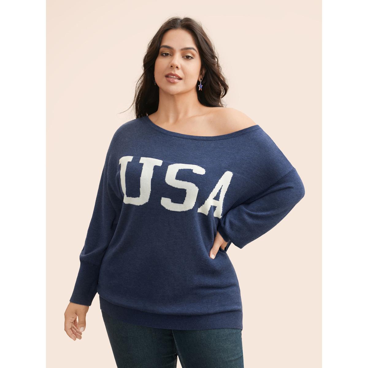 Plus Size Supersoft Essentials USA Boat Neck Pullover Indigo Women Casual Loose Long Sleeve Boat Neck Everyday Pullovers BloomChic 26/4X Product Image