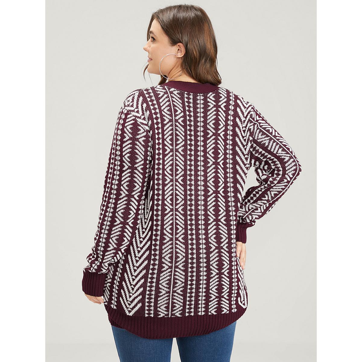 Plus Size Bandana Geometric Pointelle Knit Contrast Button Front Cardigan Maroon Women Casual Loose Long Sleeve Dailywear Cardigans BloomChic 12/L Product Image