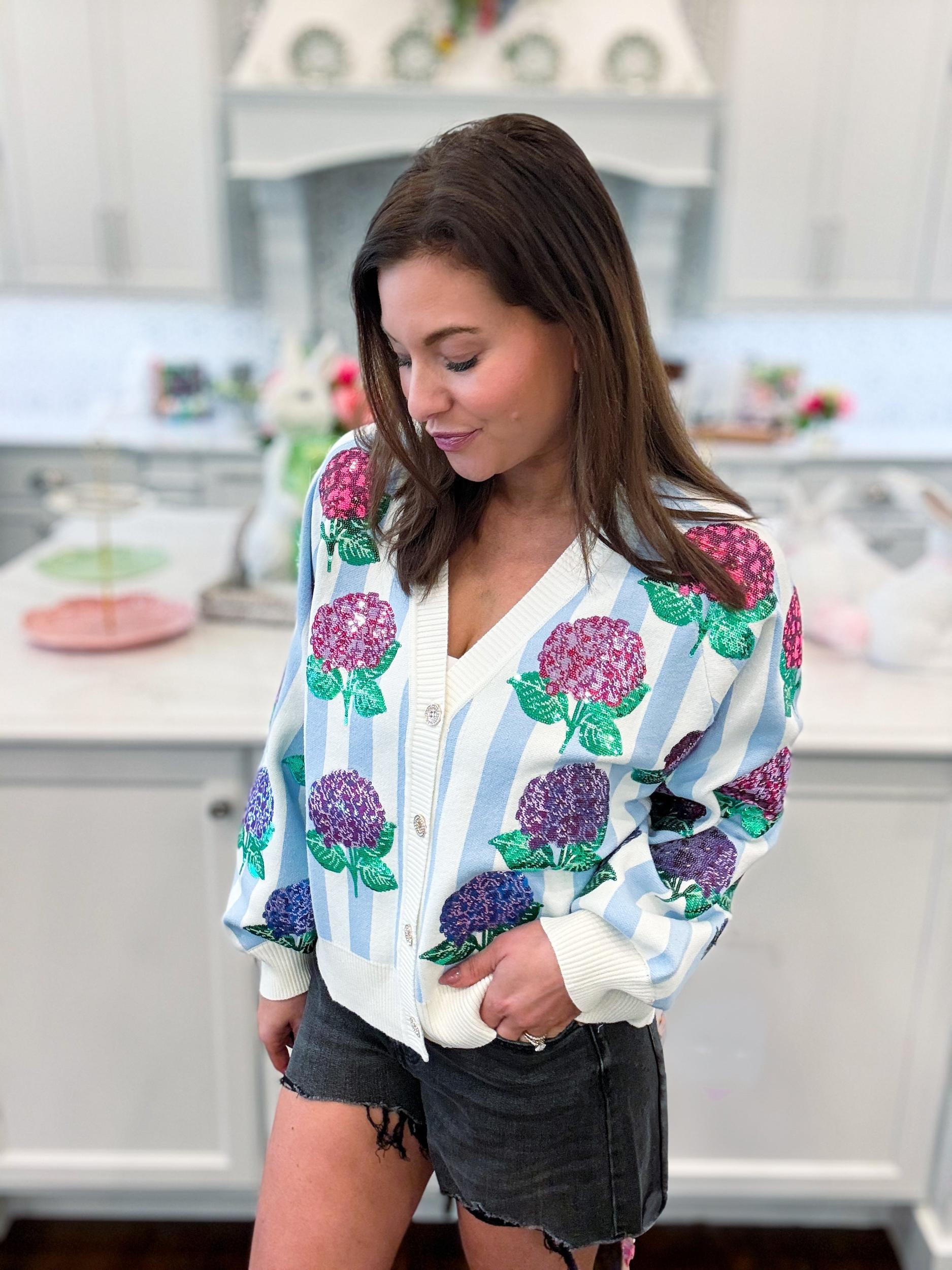 Blue & White Striped Hibiscus Cardigan Product Image