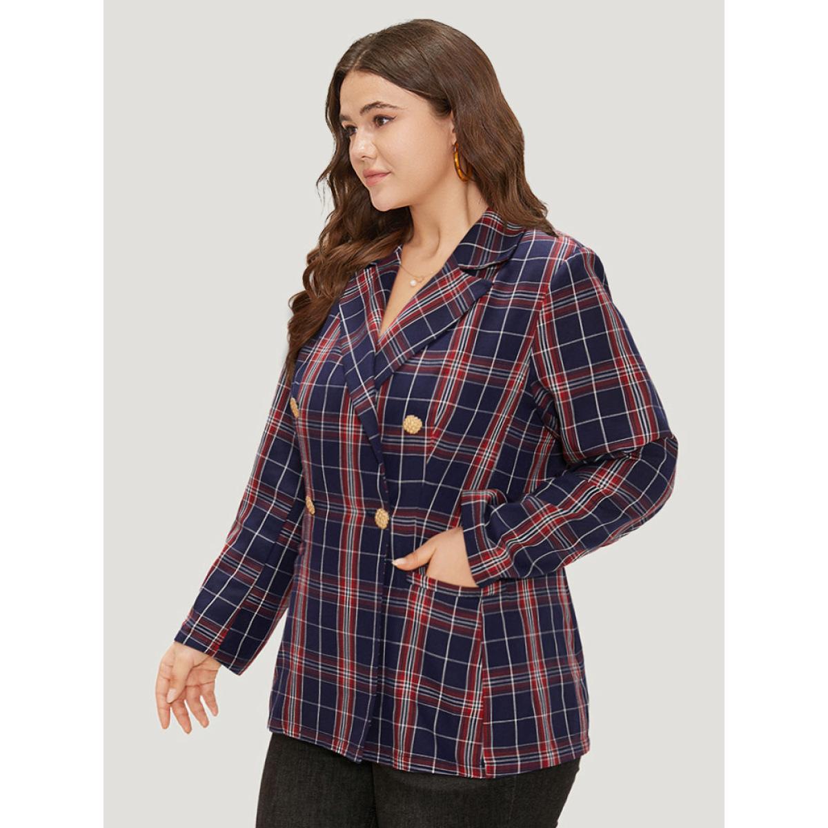 Plus Size Plaid Suit Collar Button Up Pocket Blazer Indigo Women Dailywear Plaid Contrast Sleeve Long Sleeve Suit Collar 14-16/1X Pocket Casual Blazers BloomChic Product Image