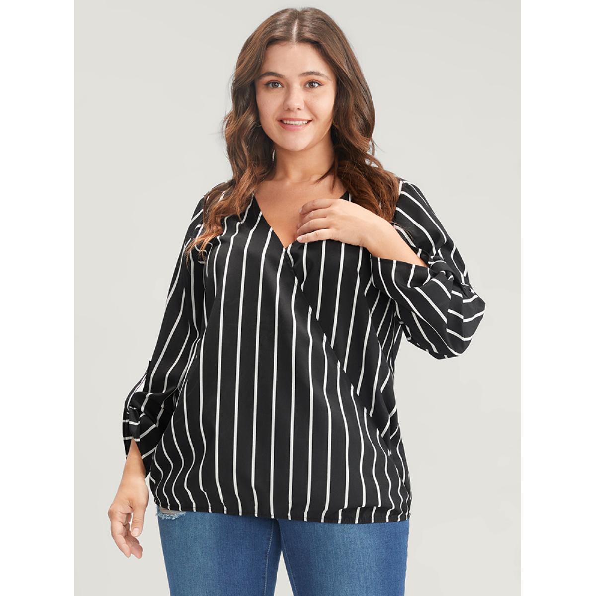 Plus Size Black Striped Wrap Cuffed Sleeve Blouse Women Office Long Sleeve V-neck Work Blouses BloomChic 28/5X Product Image