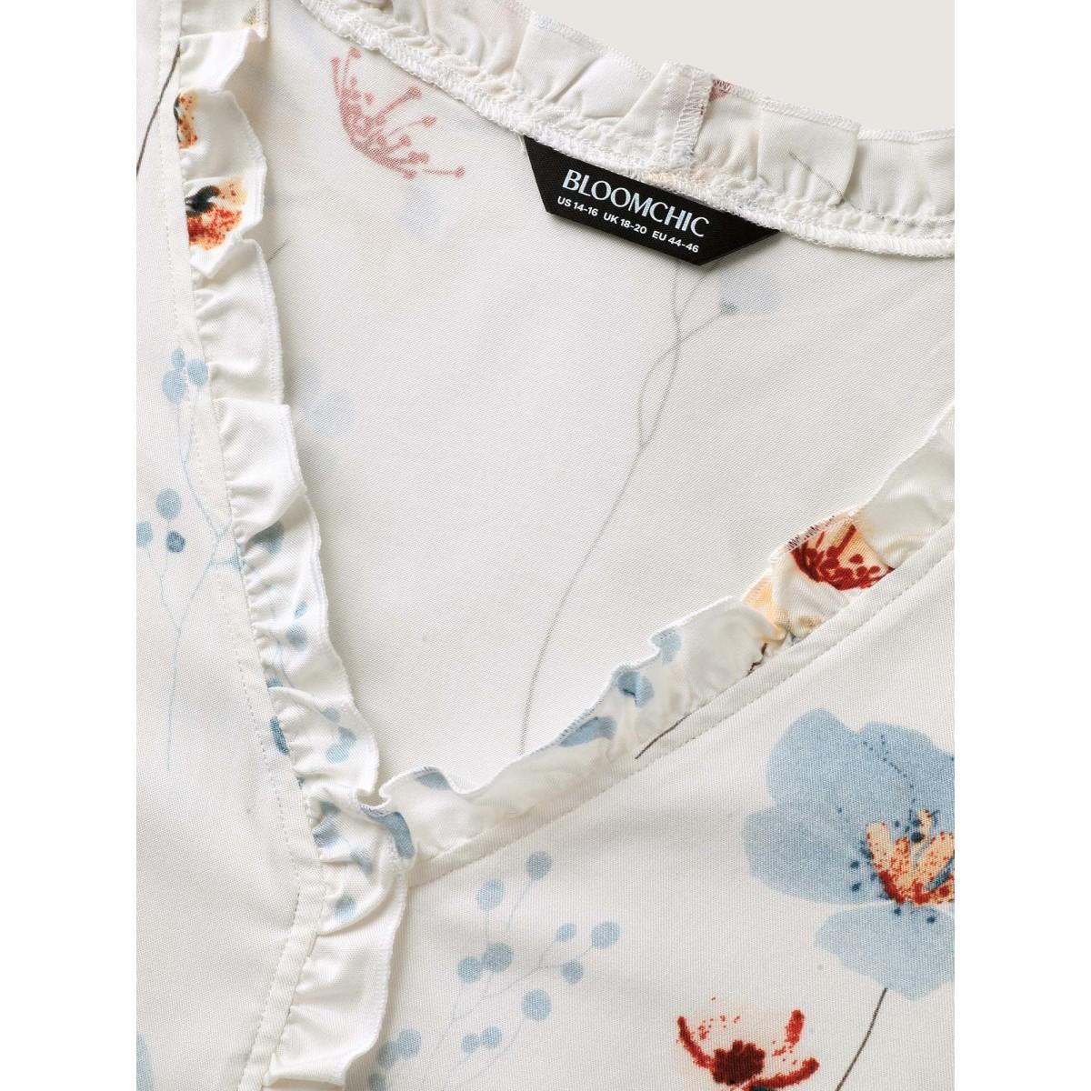 Plus Size Originalwhite Floral Print Ruffled Placket Blouse Women Short sleeve Non Everyday-Casual Blouses BloomChic 14-16/1X Product Image