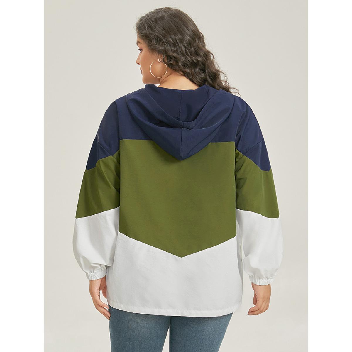 Plus Size Colorblock Contrast Drawstring Hooded Zipper Jacket Women ArmyGreen Elastic cuffs Pocket Dailywear Jackets BloomChic 18-20/2X Product Image