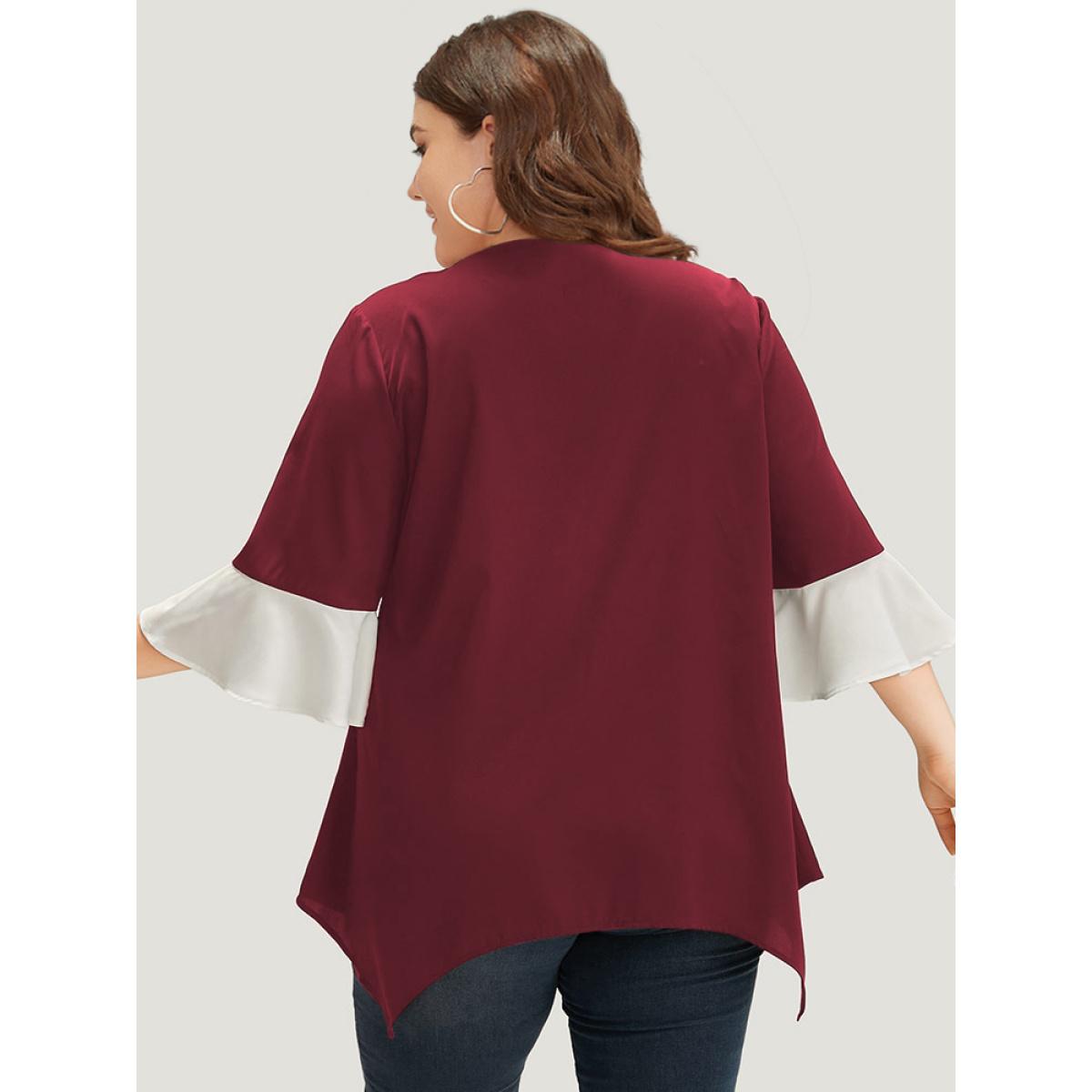 Plus Size Scarlet Anti-Wrinkle Contrast Zip Up Flutter Sleeve Hanky Hem Blouse Women Office Half Sleeve Round Neck Office Blouses BloomChic 30/6X Product Image
