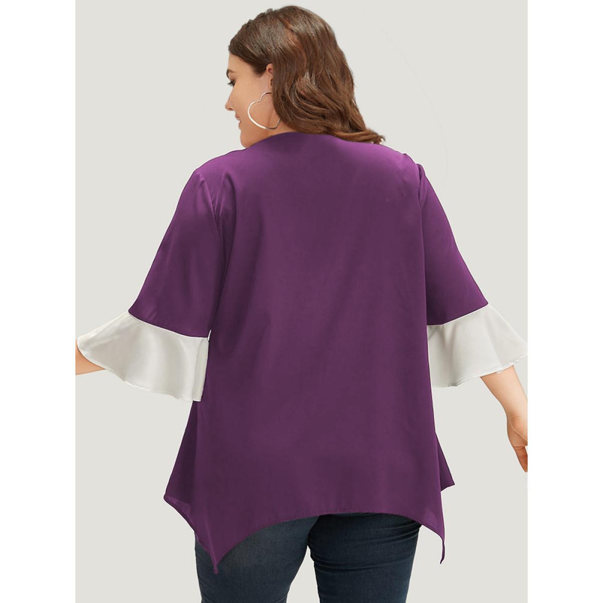 Plus Size DarkGreen Anti-Wrinkle Contrast Zip Up Flutter Sleeve Hanky Hem Blouse Women Office Half Sleeve Round Neck Office Blouses BloomChic 30/6X Product Image