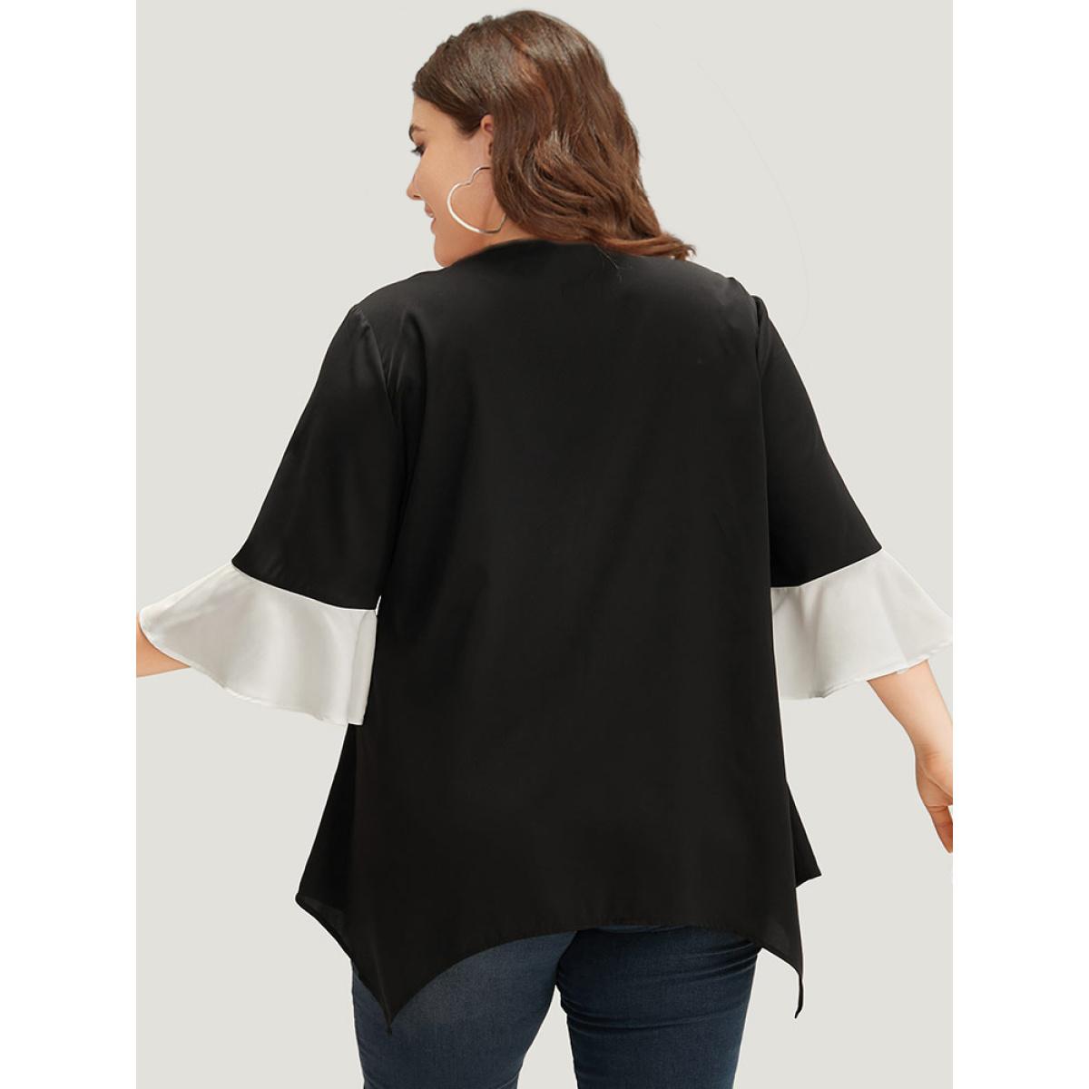 Plus Size Scarlet Anti-Wrinkle Contrast Zip Up Flutter Sleeve Hanky Hem Blouse Women Office Half Sleeve Round Neck Office Blouses BloomChic 30/6X Product Image