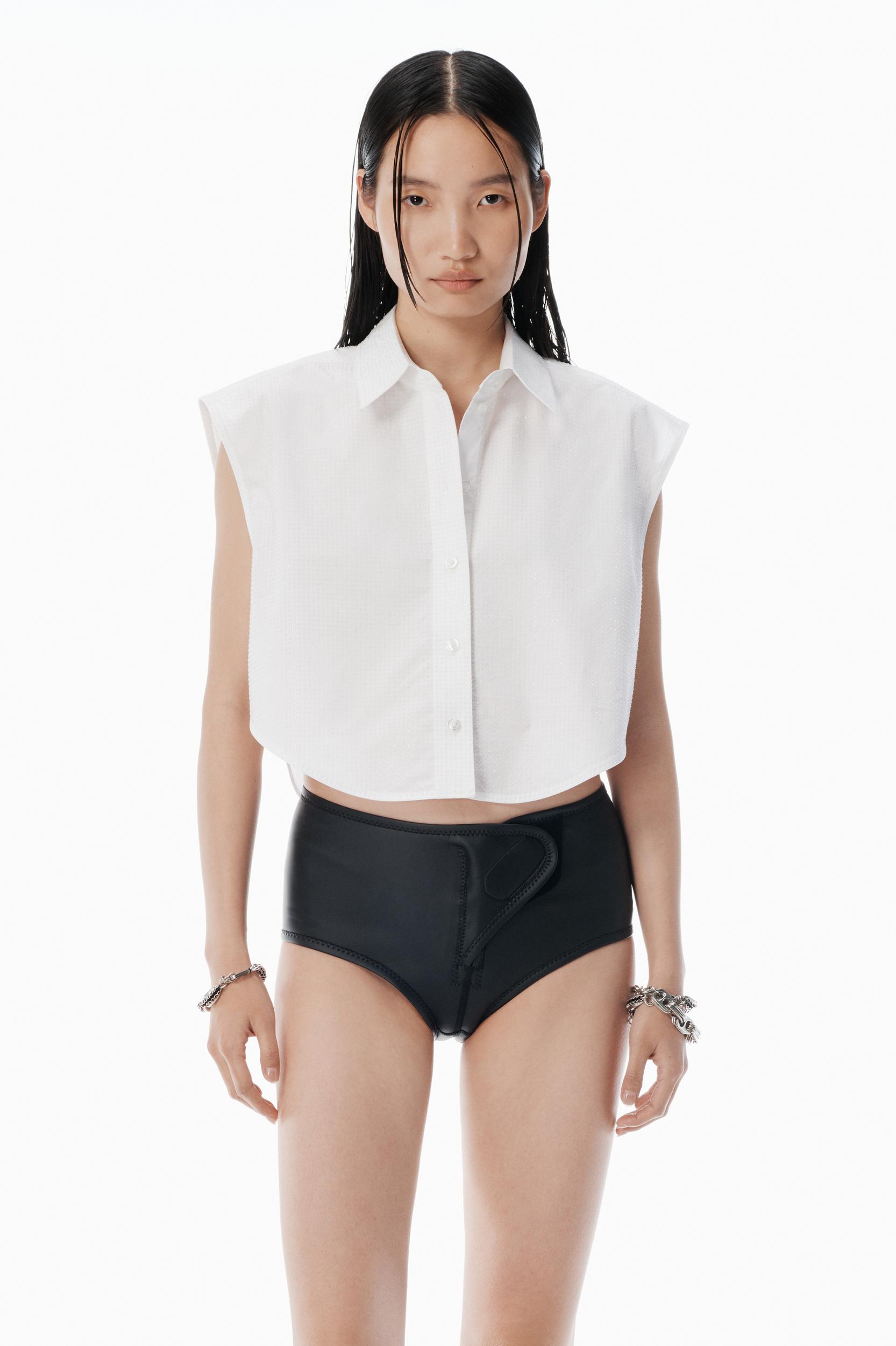 White Crystal Hotfix Cropped Shirt Product Image