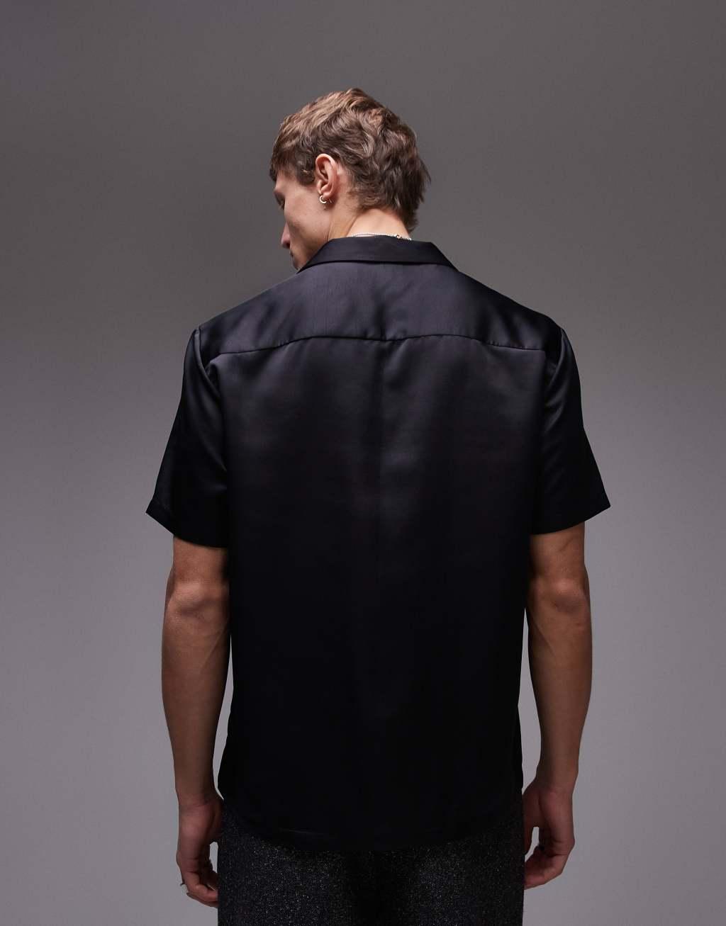 Topman short sleeve satin shirt in black Product Image