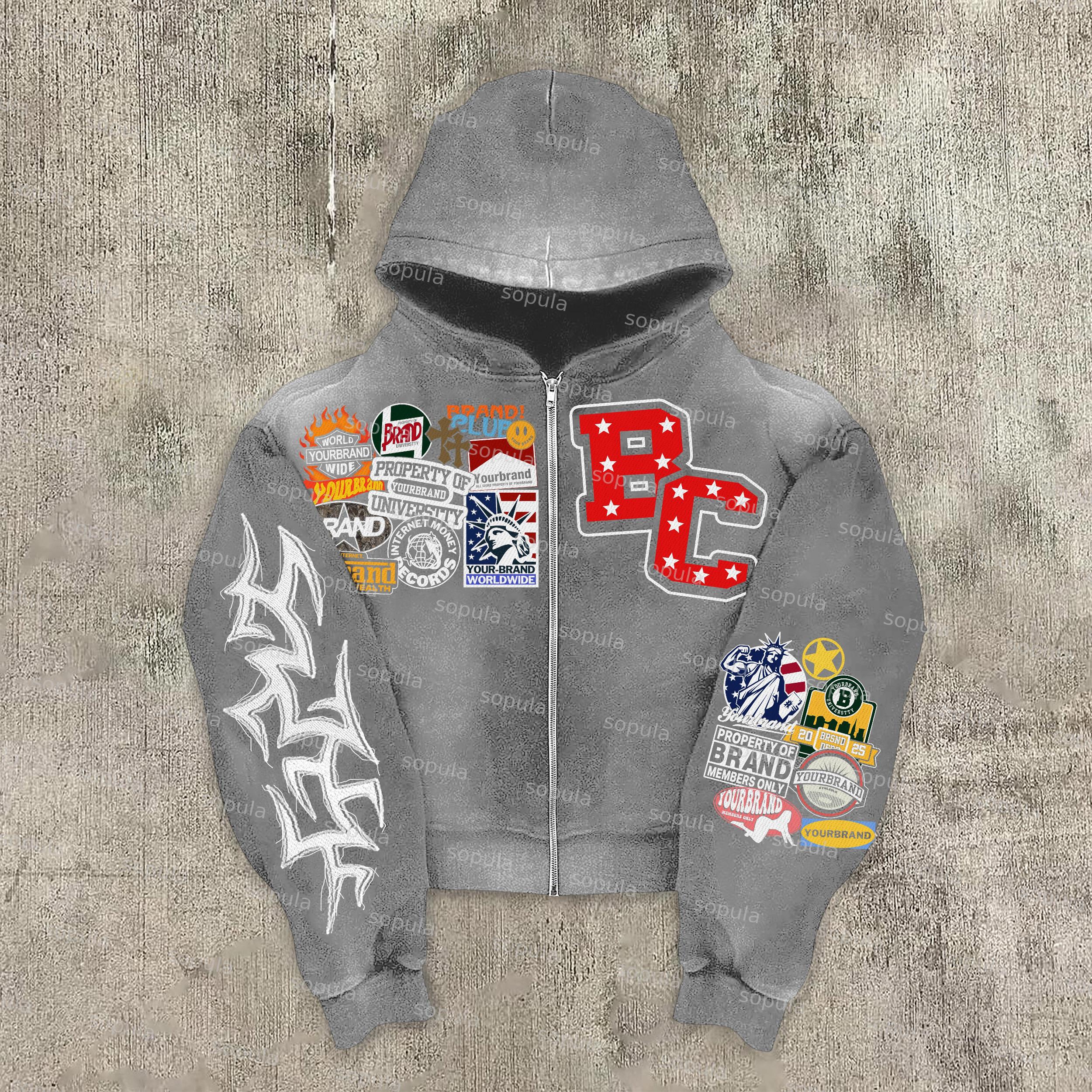 Men's Oversized Relaxed Graphic Vintage Washed Zip-Up Hoodie Product Image