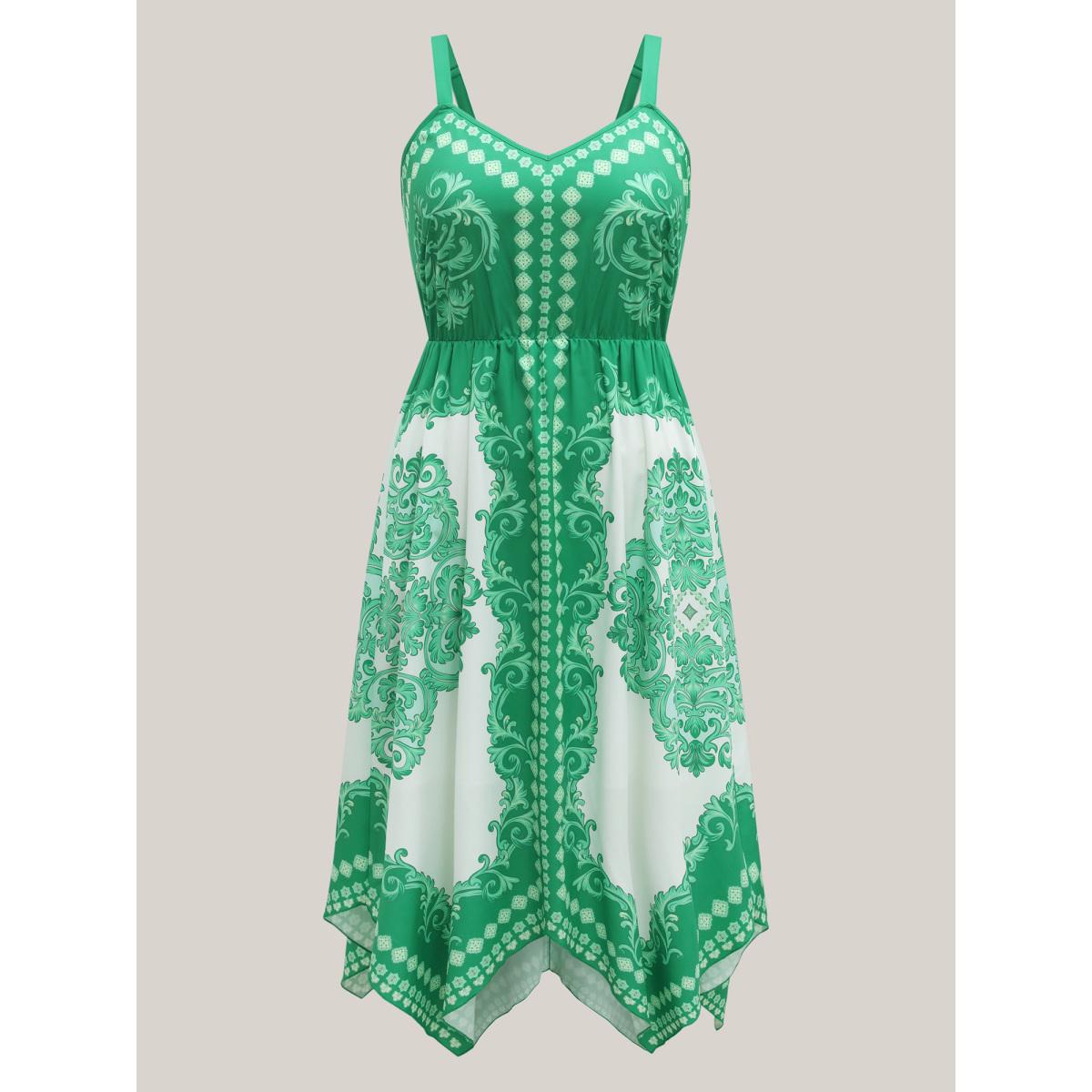 Plus Size Floral Print High-Low Hem Midi Dress Emerald Women Heart neckline Sleeveless Curvy BloomChic 28/5X Product Image