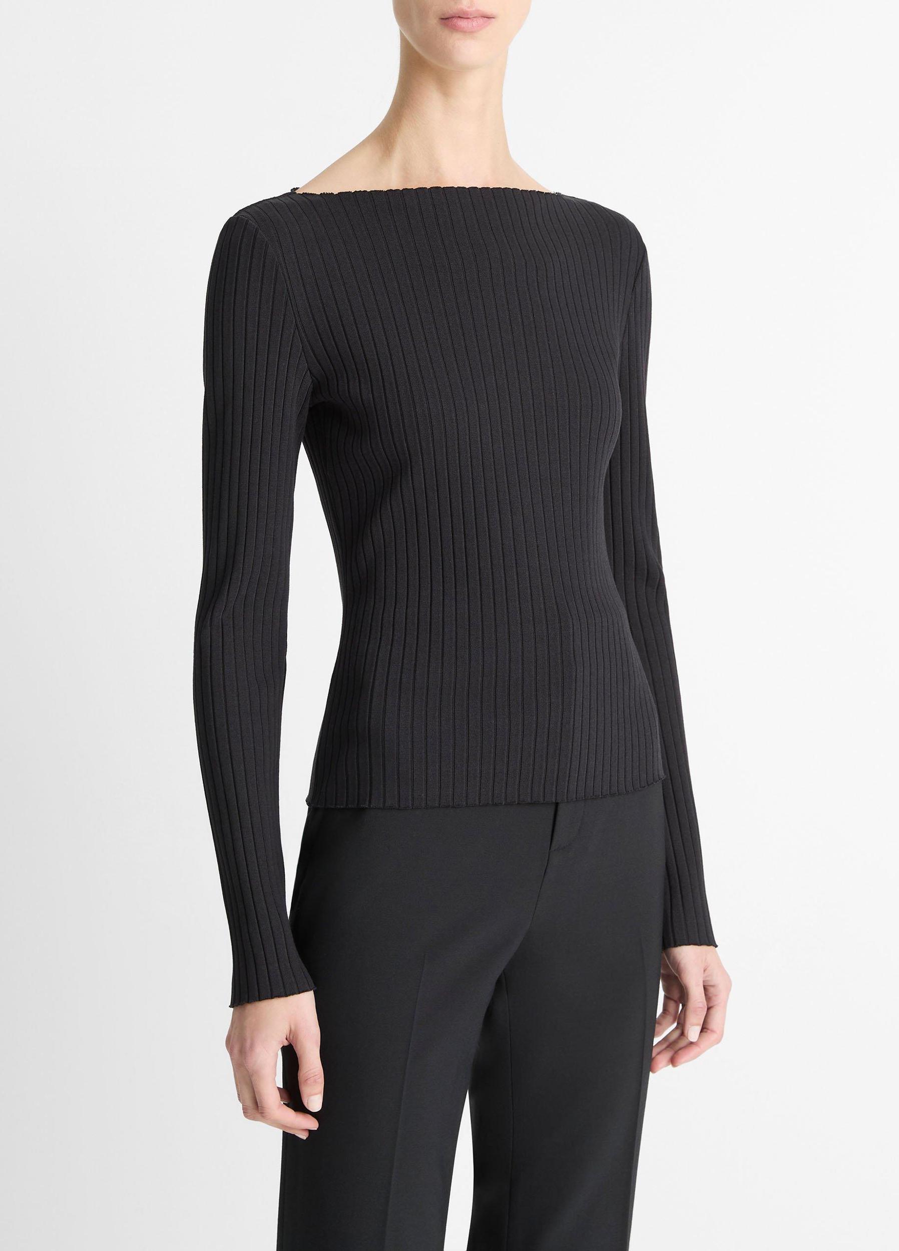 Ribbed Cotton-Blend Slash-Neck Long-Sleeve Top Product Image