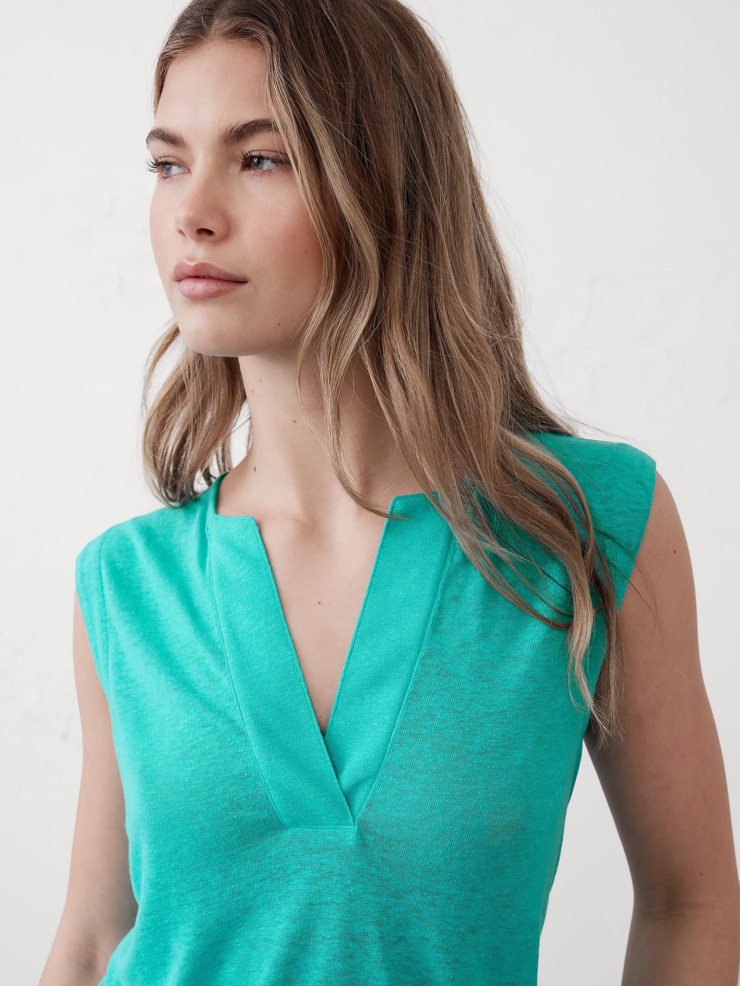 Linen-Blend Split-Neck Tank Product Image