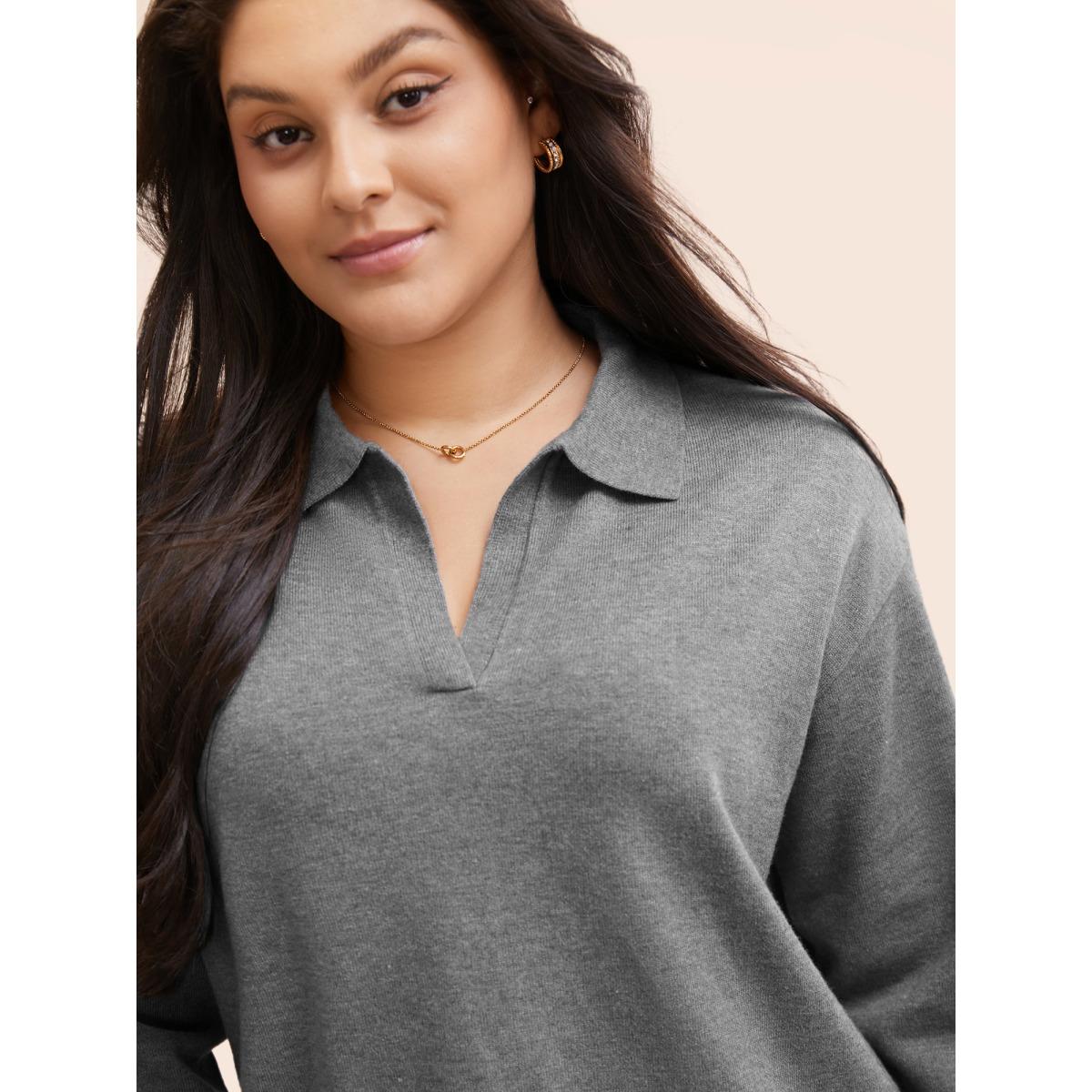 Plus Size Polo Neck Drop Shoulder Sleeve Soft Pullover DarkGray Women Casual Long Sleeve Polo Everyday Pullovers BloomChic 18-20/2X Product Image