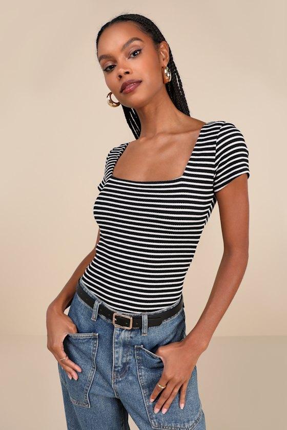 Casual Adventures Black Striped Ribbed Short Sleeve Bodysuit Product Image