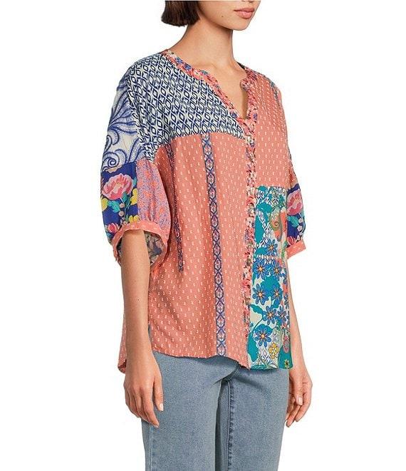 John Mark Clip Dot Embroidered Mix Print Dolman Sleeve Button Front Shirt Product Image