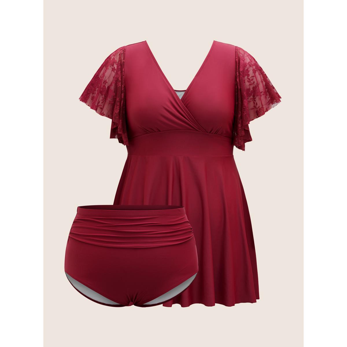 Plus Size Solid Overlap Collar Lace Patchwork Gathered Swim Dress Women's Swimwear Deepred Beach Bodycon Overlap Collar High stretch Curve Swim Dresses BloomChic 12/L Product Image