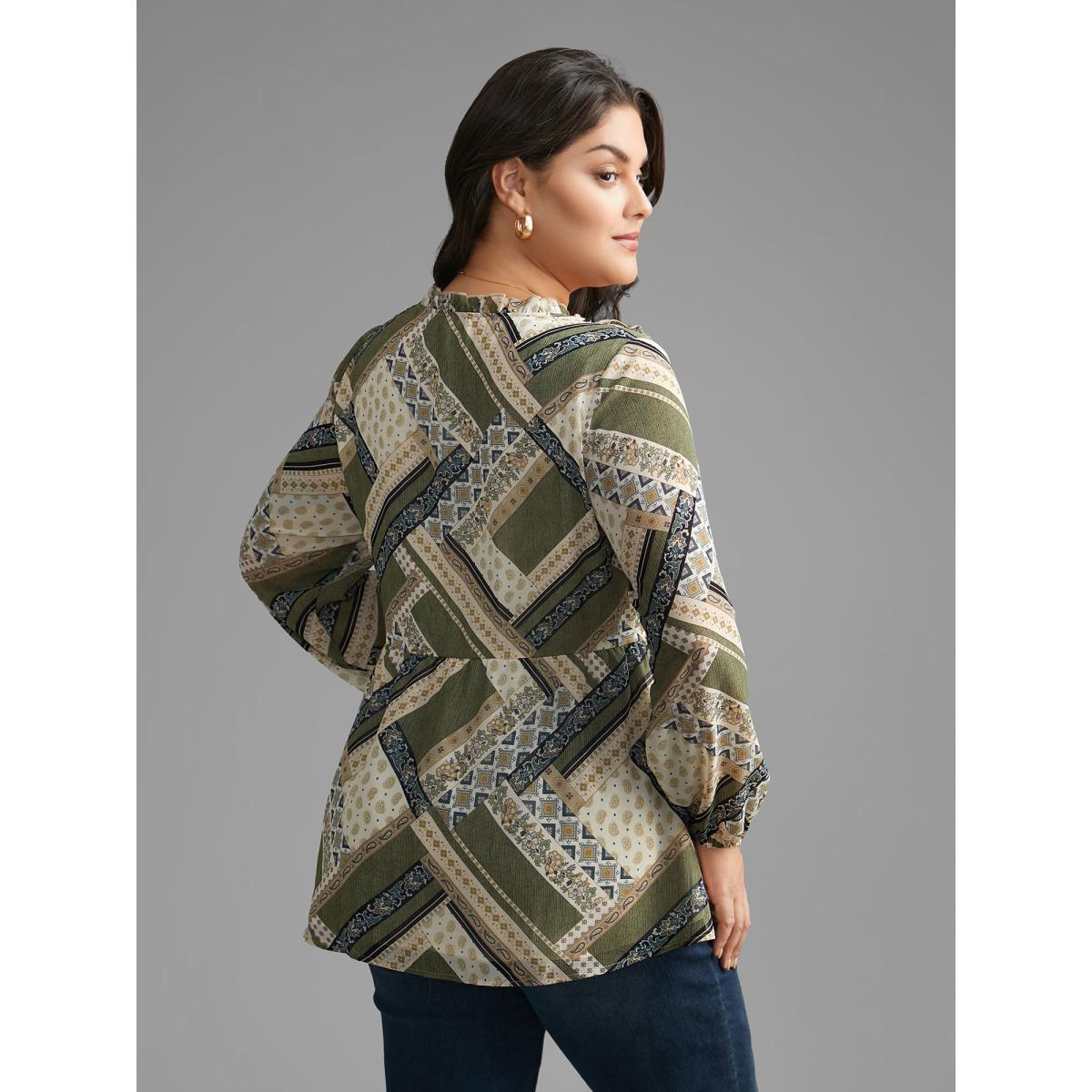 Plus Size Beige Bandana Print V Neck Ruffle Trim Blouse Women Elegant Long Sleeve V-neck Everyday Blouses BloomChic 22-24/3X Product Image