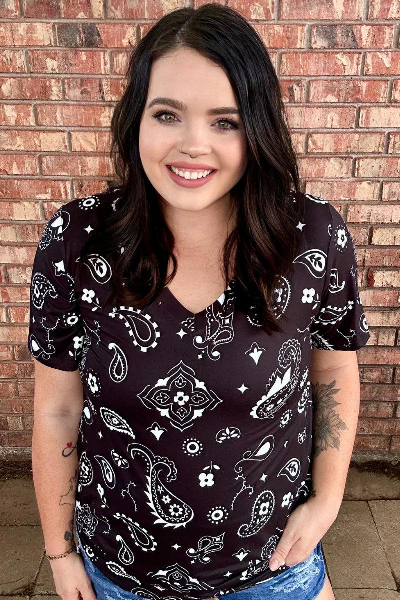 Sterling Kreek Black Bandana Babe V Neck Top Product Image