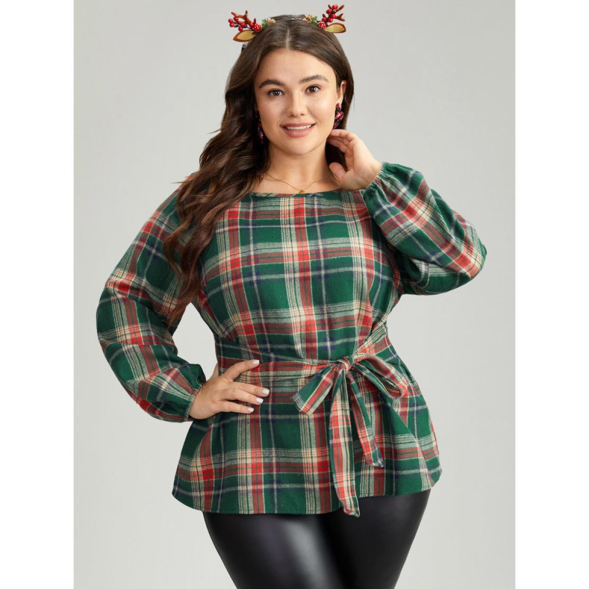 Plus Size DarkGreen Christmas Plaid Ties Lantern Sleeve Blouse Women Elegant Long Sleeve Round Neck Festival-Christmas Blouses BloomChic 30/6X Product Image