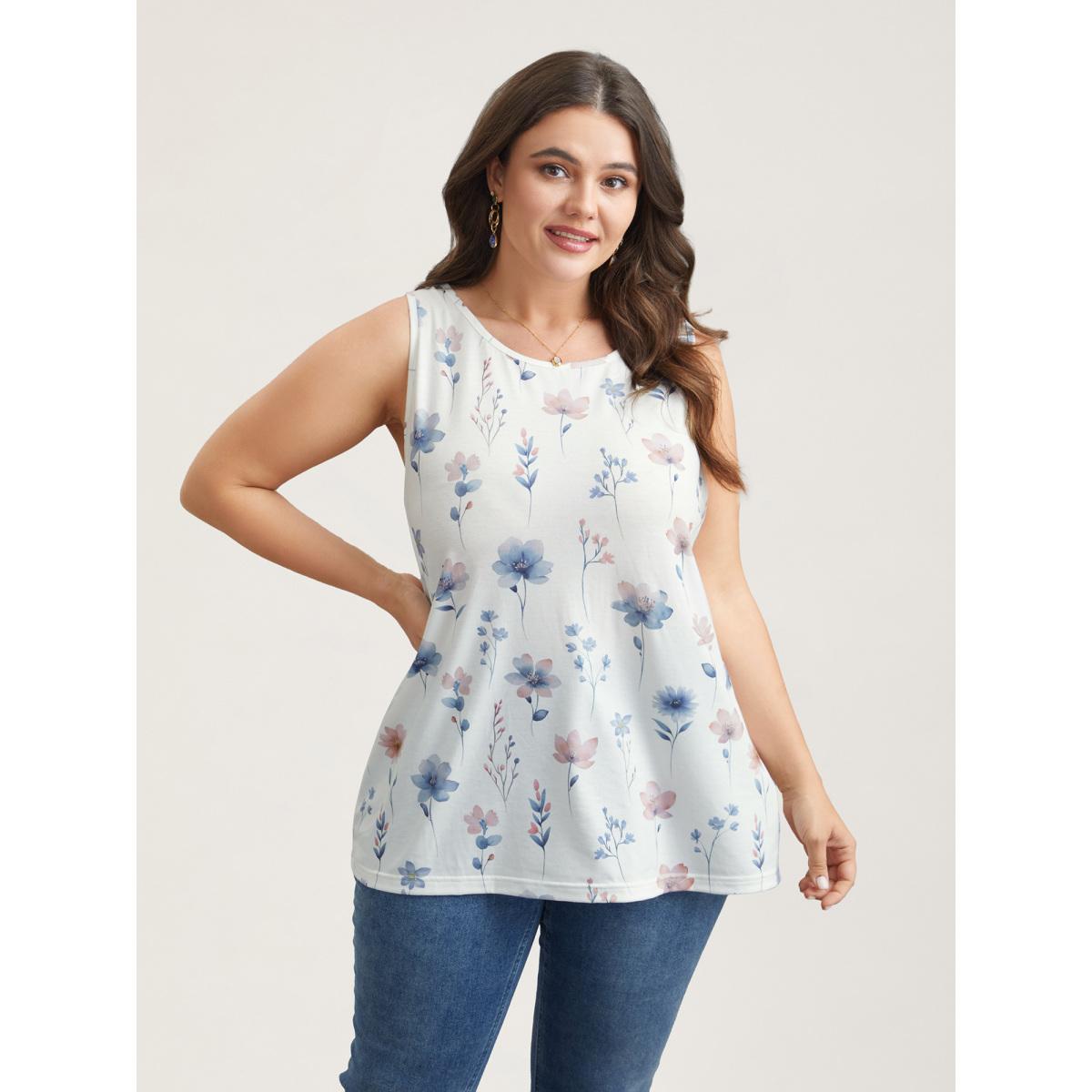 Plus Size Stretchy Floral Print Fitted Vest Women WhiteSmoke Leisure Non Round Neck Casual Tank Tops Camis BloomChic 30/6X Product Image