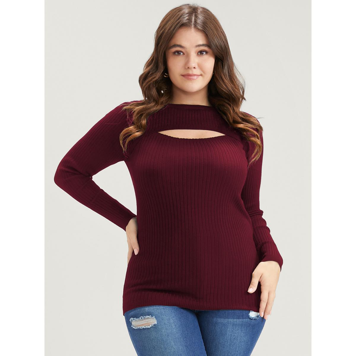 Plus Size Solid Super Soft Rib Knit Cut Out Knit Top Burgundy Women Elegant Bodycon Long Sleeve Round Neck Dailywear Pullovers BloomChic 30/6X Product Image